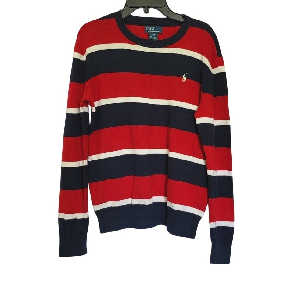 Polo Ralph Lauren Boys Red Navy Wide Stripe Long Sleeve Preppy Sweater Large